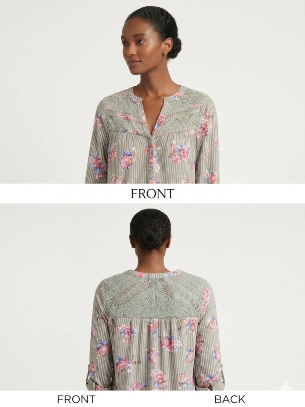 Absolutely Famous Floral Lace V-Neck Top Green Pink S (4/6)